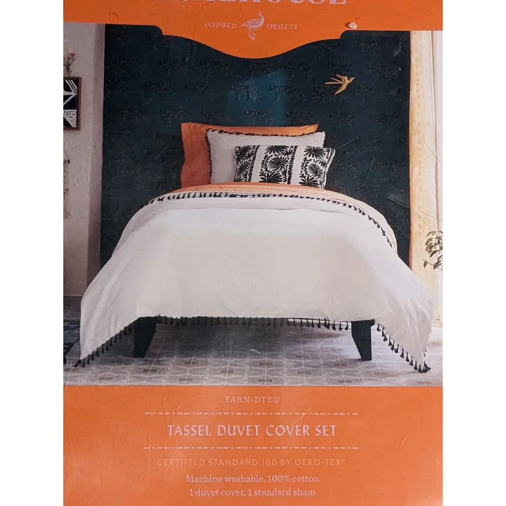 Opalhouse Yarn Dyed Tassel Trim Duvet Cover Sham Set Twin/Twin XL Black Cream